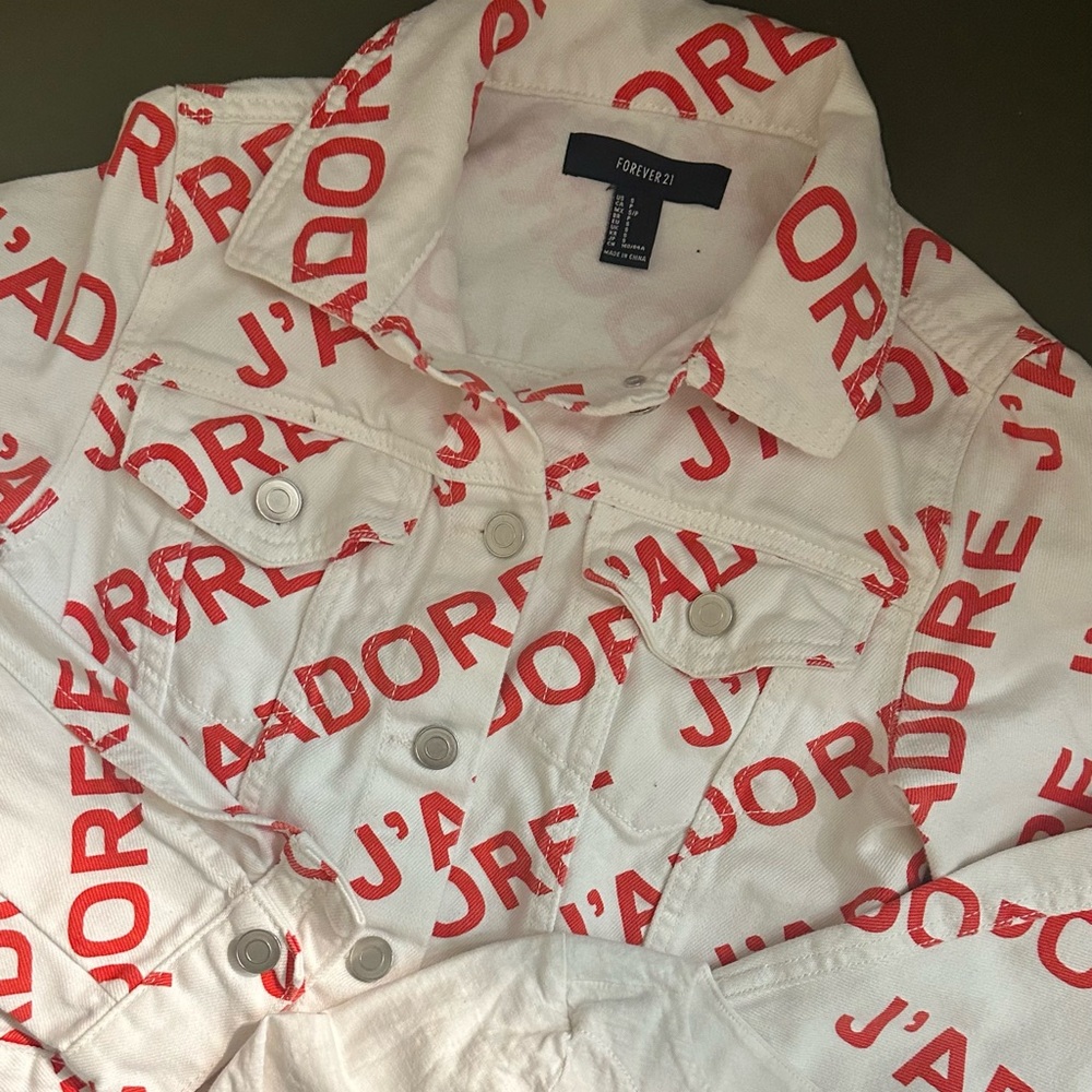 French Bundle ✈️ 🇫🇷 J’Adore Jean Jacket + Merci Shirt ♥️ Red & White - Picture 3 of 3